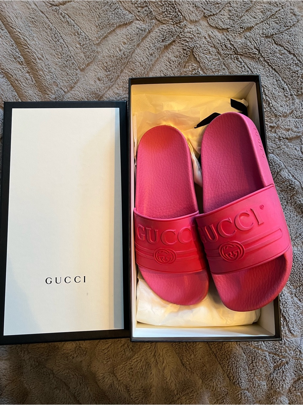 Gucci Hot Pink Rubber Logo Slide Sandals
